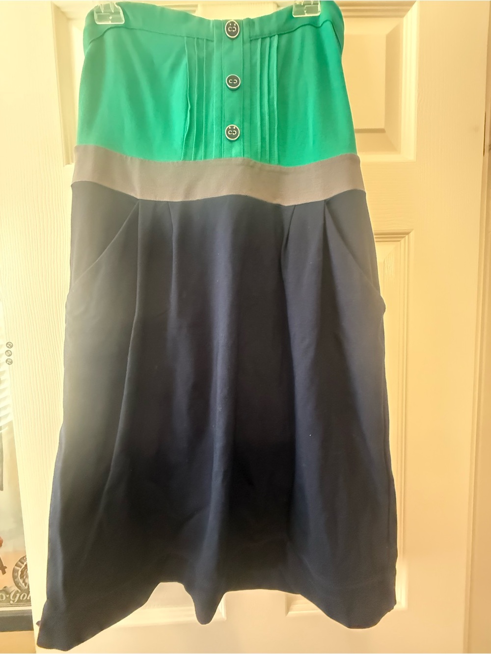 Anthropologie Green and Navy Colorblock Mini Dress with Faux Button Front Sz L